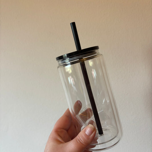 15oz double walled glass libby with black lid