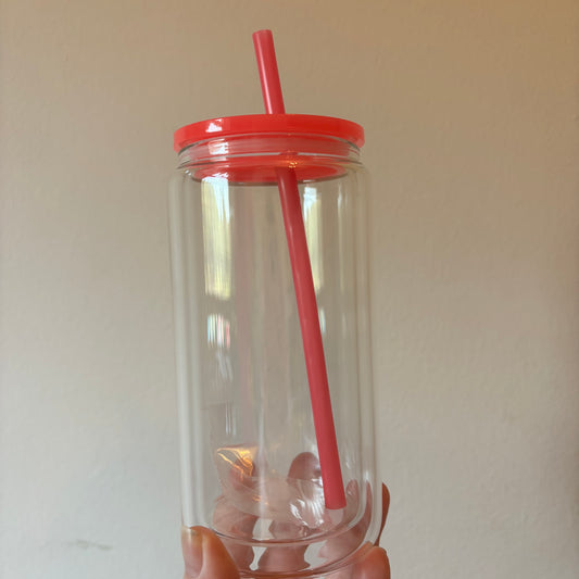 15oz double walled glass libby with hot pink lid